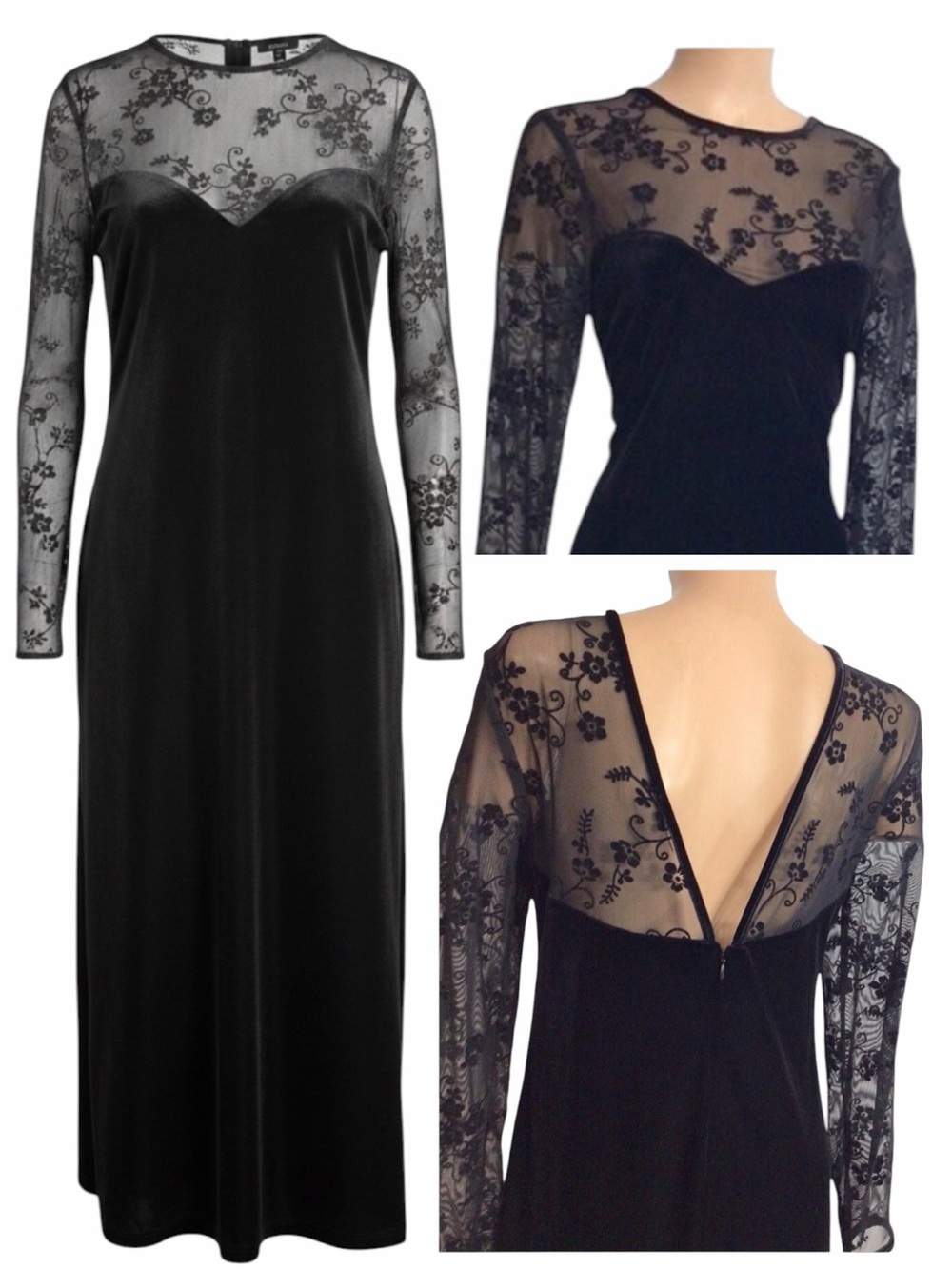 Vintage Kathie Lee Black Velvet Mesh Floral Maxi Dress Size‎ 10